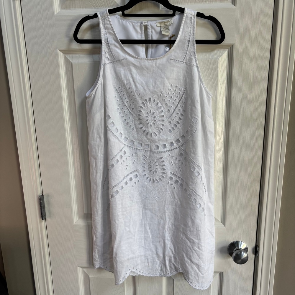 St Tropez West NWT Womens White Linen Blend Eyelet Embroidered BOHO Dress 6